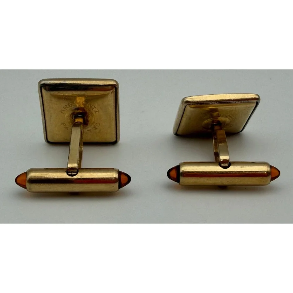 Krementz Vintage Gold Tone Monogram S Square Cufflinks Amber Cabochon Accents